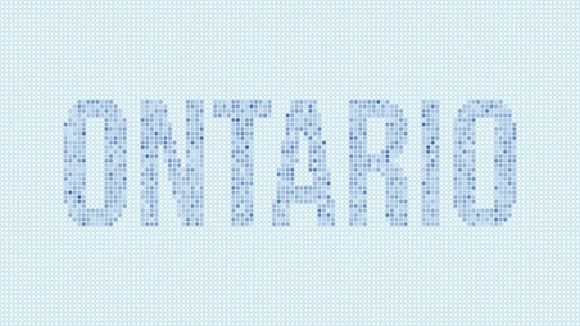 Ontario, Canada dotted map animation. Digital style shape of the province. Ontario, Canada shape and title dots appear with bulb flickering effect. Intro, outro, logo, title video.