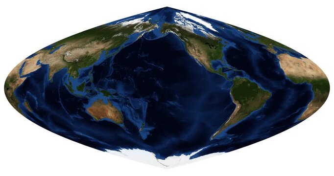 World Map in Craster parabolic projection. Animated longitude shift and rotation of the Earth. High-detail physical map. June View. Elements of this video furnished by NASA.