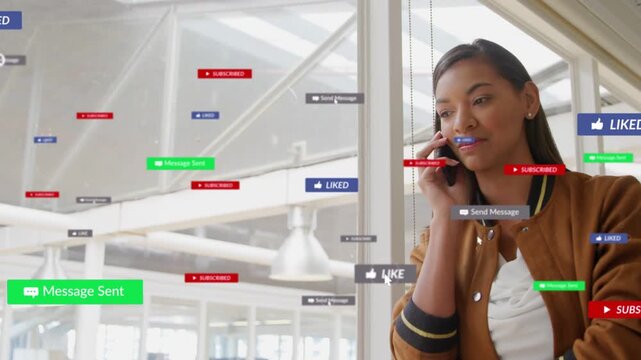 Woman checking phone and taking work call causing moving social notifications clustering on glass
