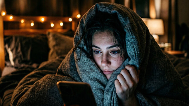 The Digital Cocoon: Woman Wrapped in Blanket Binge Watching on Phone