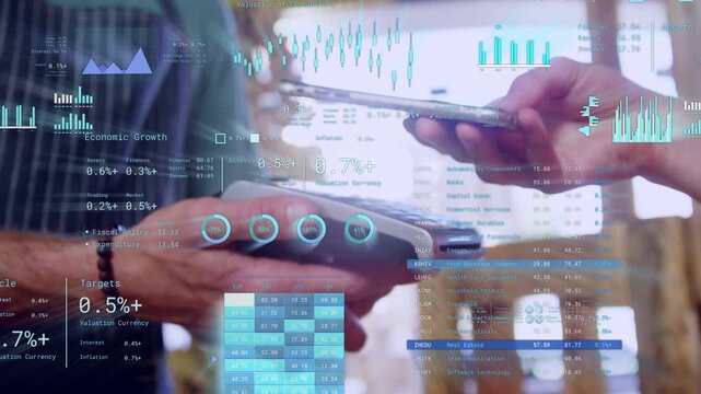 Cashier holding terminal and customer tapping phone at checkout completing sale with HUD tracking