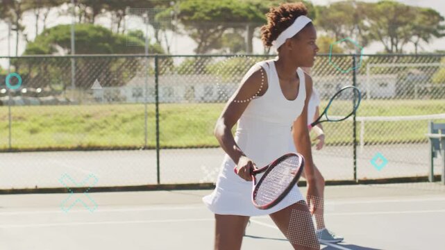 Incoming ball arriving, doubles partners shifting, stepping, swinging forehand, regaining control