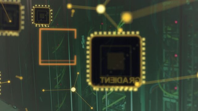 Bright yellow orb entering along line, large 3D chip pulsing and inverting ID, showing data flow