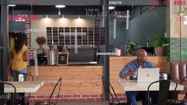 Vertical video: Woman entering coffee shop yellow top ordering as barista pulling shot, copy space