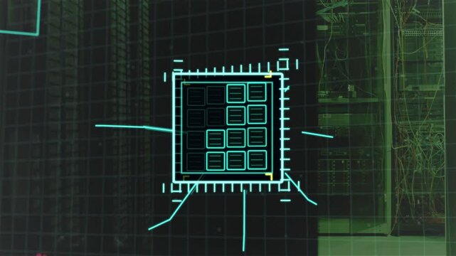 At boot glowing cyan HUD appearing over racks forming 4x4 module grid and mapping network links