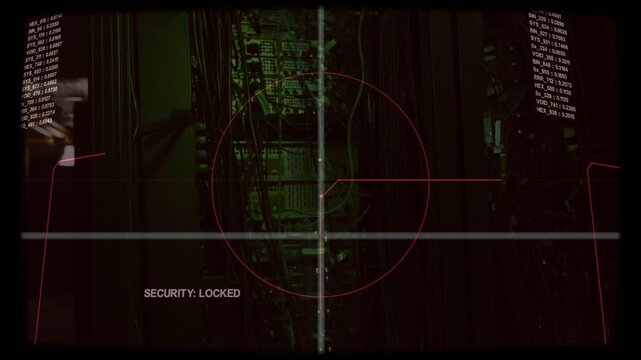 Vertical video: HUD scanning rack in datacenter post glove exit checking components security locked