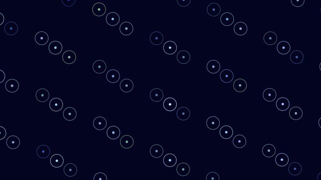 Abstract footage of glowing neon circles drifting in a repeating pattern on a dark blue background, ideal for technology themes, digital design, and modern motion backdrops
