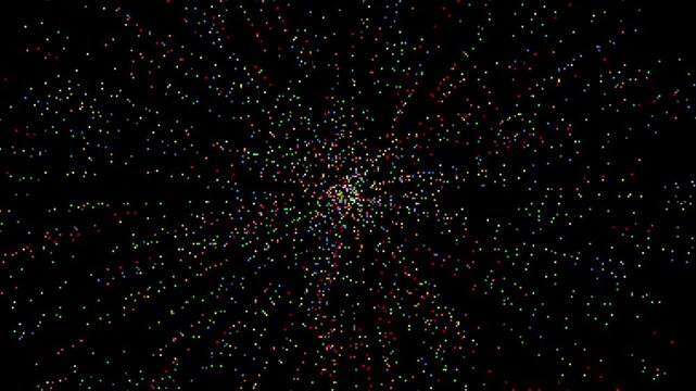 Pixelated multi colored light particles expanding animation on black background