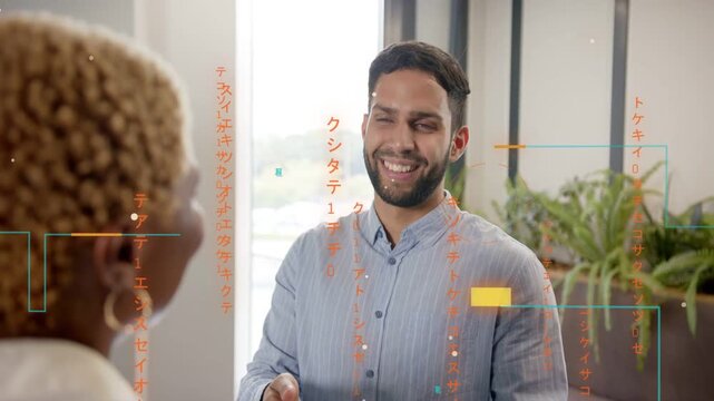 Man opening with open gesture, making points for business while orange overlays covering faces