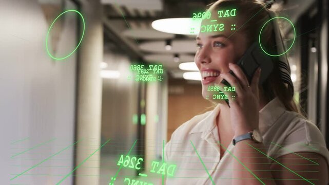 Woman tapping phone calling for business in office corridor, green data UI tracking floating text