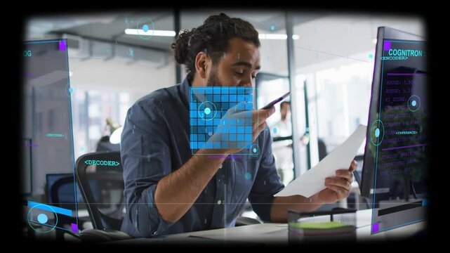 Man scanning document, speaking into phone and confirming business data with holo UI over torso