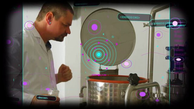 Technician lifting lid and inspecting vessel in lab, preparing sample while HUD showing metrics