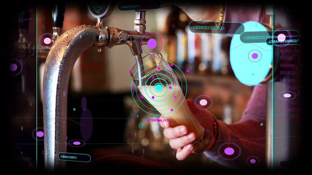 Vertical video: Tilting hand opening tap, pouring beer, filling pint, HUD overlay, red sleeve watch