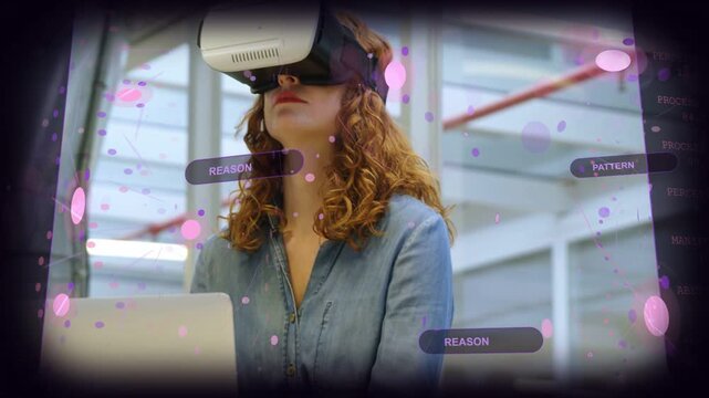 Woman placing VR headset, activating REASON and PATTERN panels around her head for tech test