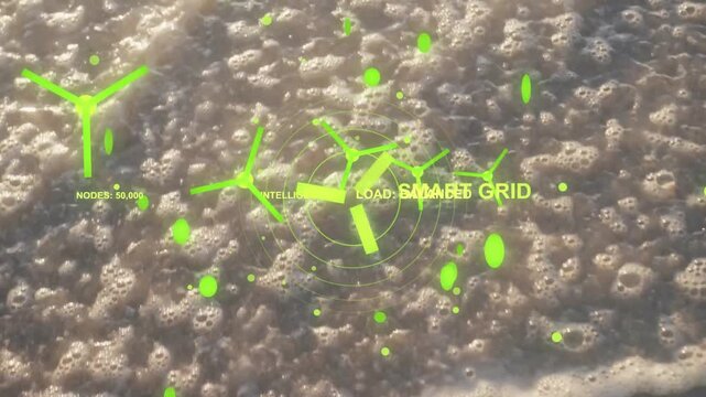 Smart-grid HUD animating on shoreline while incoming wave advancing, showing nodes and load balance