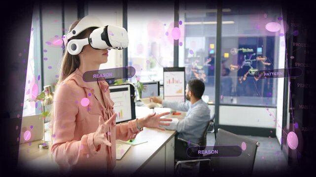 Vertical video: UI starting, woman pink top VR gear moving labels to edit data at desk, copy space