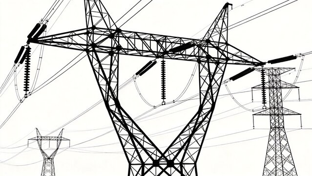 Black and white silhouette of electricity pylons