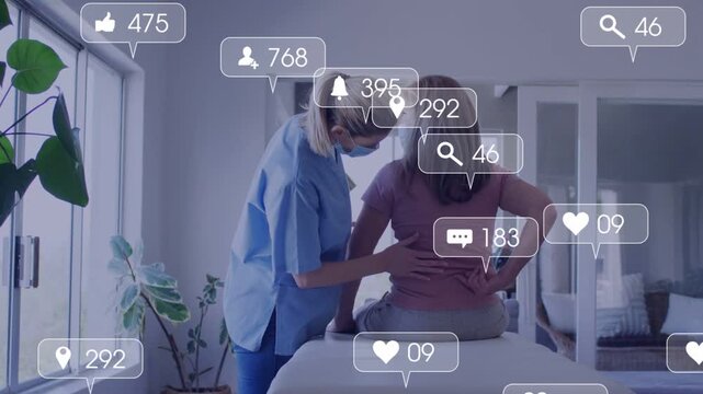 Patient pointing pain health clinician checking lumbar assessing motion while social icons filling