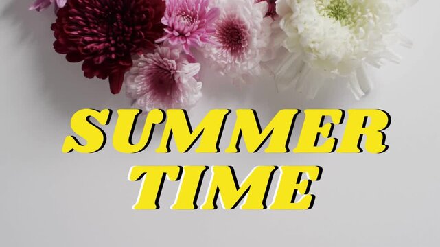 SUMMER TIME title settling slightly with flower cluster after quick reveal for summer branding
