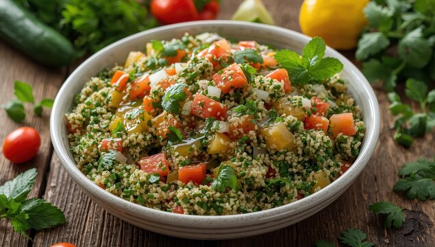 Lebanese salad with herbs, grains, and vegetables.