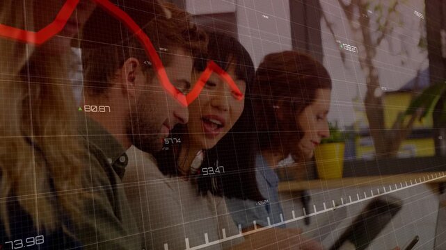 Bearded man shifting phone toward woman showing clip making woman laugh red chart sweeping business