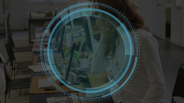 Office woman holding phone, reading document while Cyber Security title shrinking and HUD scanning