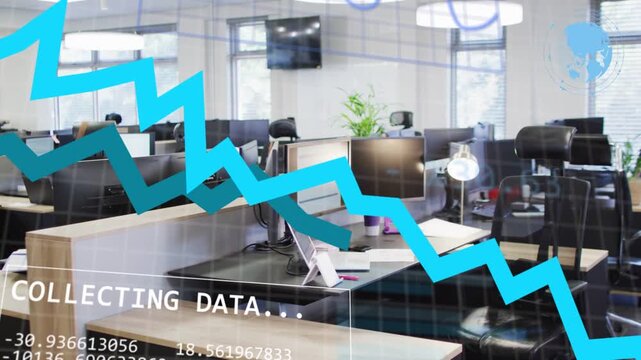 Center desk showing COLLECTING DATA causing zigzag donut scrolling growing then fading for business