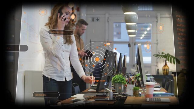 Woman moving to desk starting tasks, leaning, writing, typing, calling, filing papers under HUD