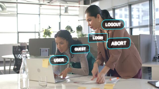 Two women tech team typing with docs, showing UI labels over laptop, testing login, man entering