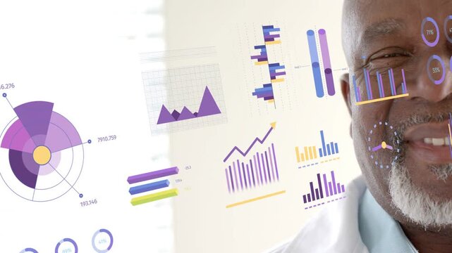 Senior doctor viewing health data, moving charts layering near face, smiling for diagnosis