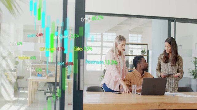 Team collaborating reviewing market on laptop while animated charts growing from left over glass