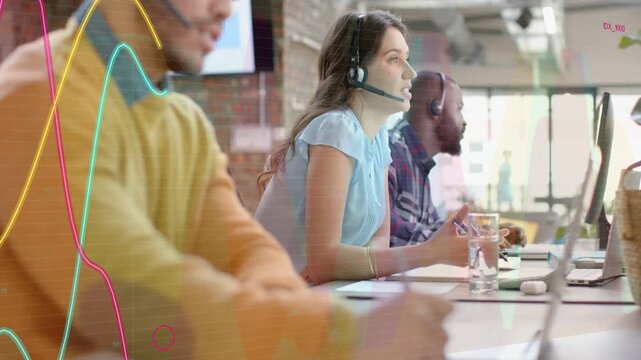 Central agent answering incoming call, handling customer issue while data waves animating over desk