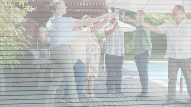 Woman stepping and starting group clinking glasses at casual event near pool with scanline overlay