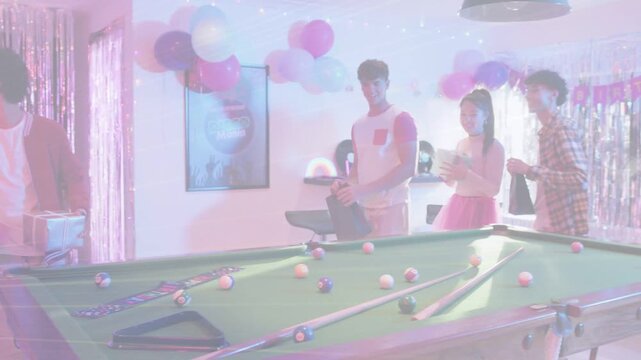 Party guests entering right, forming line around pool table, animated arrows guiding to snacks