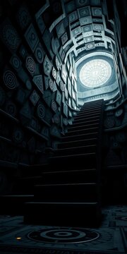 Ascending geometric maze of cryptic symbols, a low angle reveals a locked cryptex, escape game,  puzzle