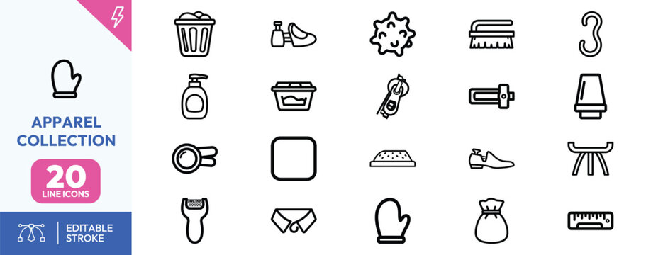Minimalist thin line icon set featuring apparel care laundry accessories fashion elements and garment symbols.