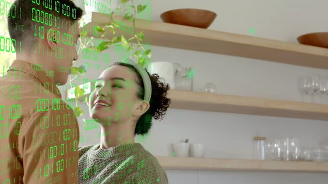 Binary overlay appearing couple smiling leaning woman embracing man peeking out showing care