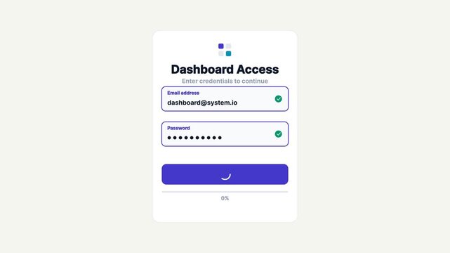 Dashboard access login interface with verified user credentials and secure authentication status