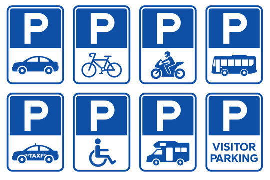 Parking sign set. Parking sign car, bicycle, motorcycle, bus, disabled person, campervan, visitor parking signboard. Vector illustration.