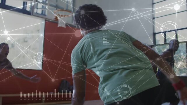 Player dribbling basketball driving jumping releasing shot to score sports overlay tracking motion