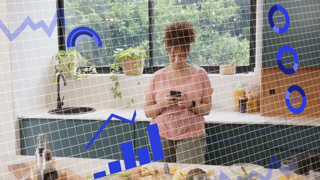 Woman tapping phone and initiating AR technology overlays, blue charts tagging food items on island