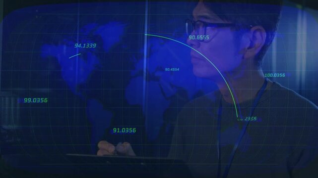 Analyst using stylus on tablet, lifting gaze, watching world map overlay tracing data arcs in tech
