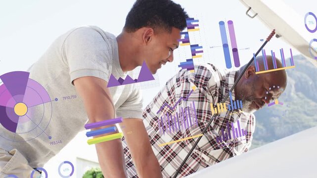 Vertical video: Opening hood, father in plaid shirt checking engine in driveway hood prop rod HUD