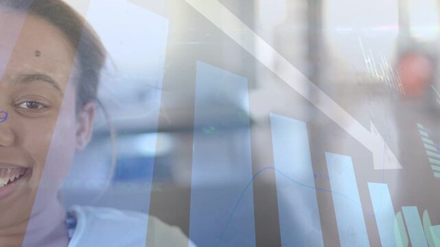Woman facing camera shifting gaze and smiling reacting to shifting finance bar chart hovering right