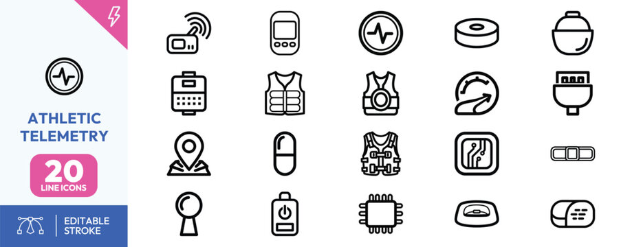 Comprehensive collection of athletic telemetry line icons for professional sports performance monitoring and data tracking