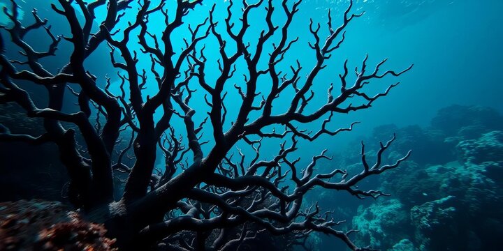 Intricate black coral branching structure underwater,   antipathes,   anthozoa