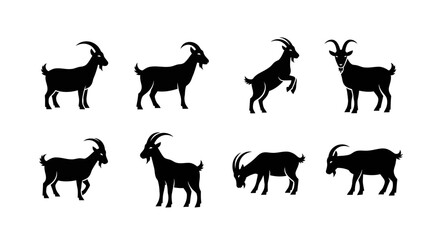 Fototapeta premium Collection of eight black goat silhouettes in various poses, perfect for farm animal vector icons and wildlife illustrations suitable for branding