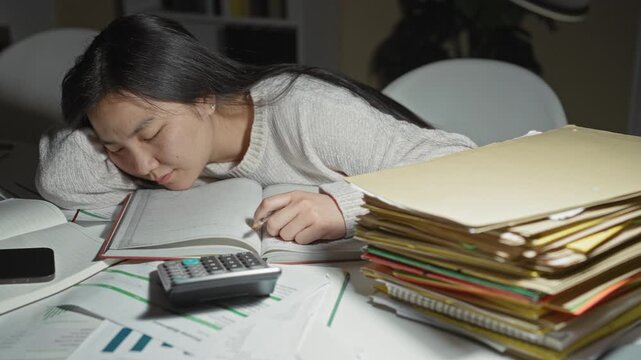 Woman asleep over open book with hand on page, pen nearby, calculator and stack of folders on desk in building; late night fatigue.
