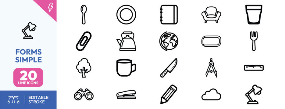 Collection of simple minimalist line icons representing household items office supplies and everyday objects for design.