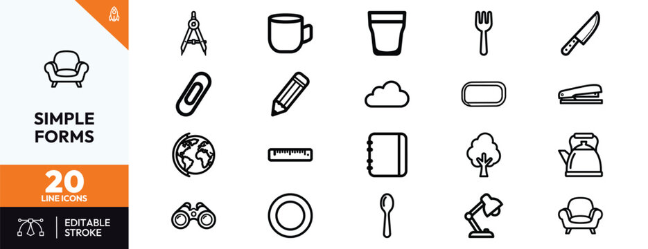 Twenty minimalist line art icons featuring everyday household items office supplies and educational tools